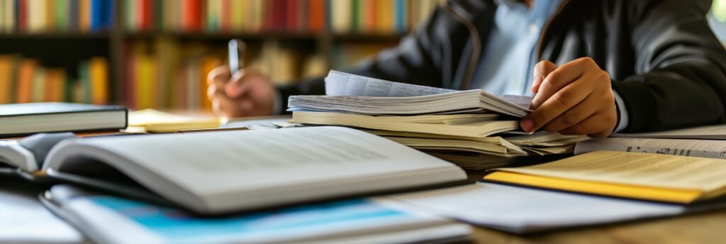 an individual in a library environment, surrounded by open books and notebooks, deeply engaged in reading and writing tasks, signifying hard work.